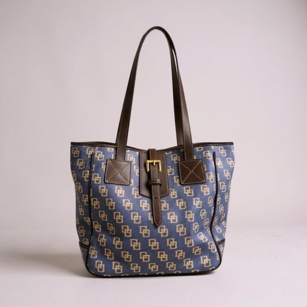 Dooney & Bourke Vintage Blue Denim Jean Monogram Tote With Black Leather Trim